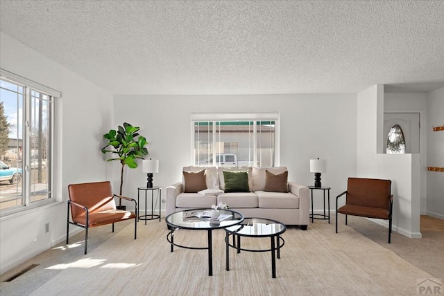 139 Princeton St, Pueblo, CO 81005 - living room featuring light carpet, a textured ceiling, visible vents, and baseboards