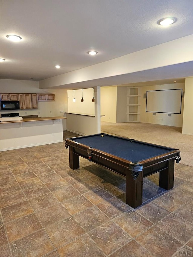 game room featuring baseboards, billiards, and recessed lighting