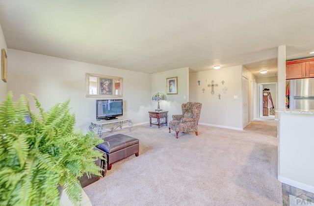 living area featuring baseboards and light carpet