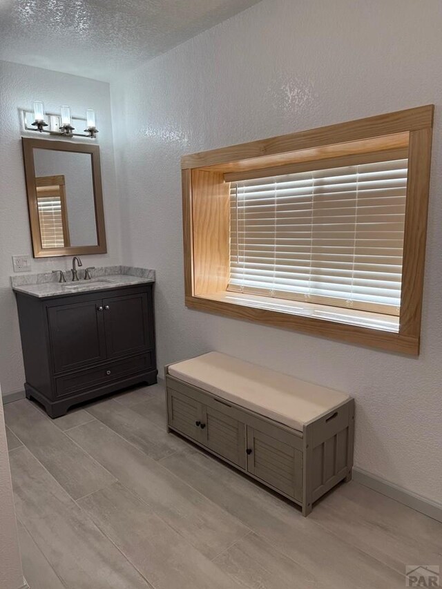 bathroom featuring a textured ceiling, a textured wall, vanity, and baseboards