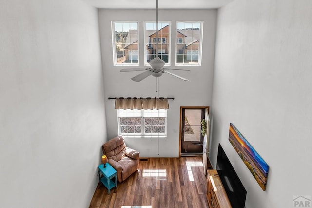 living area featuring wood finished floors, a high ceiling, and a ceiling fan