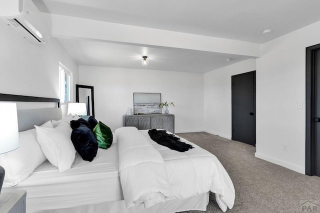 carpeted bedroom with a wall unit AC and baseboards