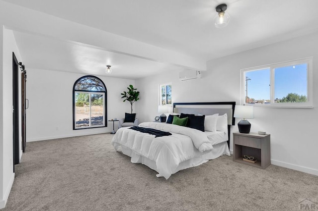 bedroom with light carpet, a wall unit AC, baseboards, and beam ceiling