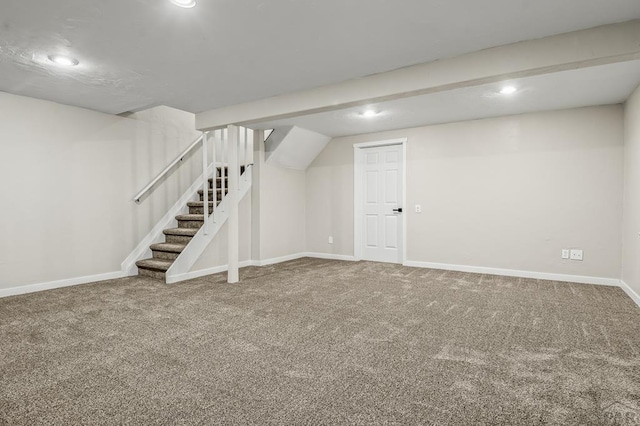 finished below grade area featuring stairs, recessed lighting, carpet, and baseboards