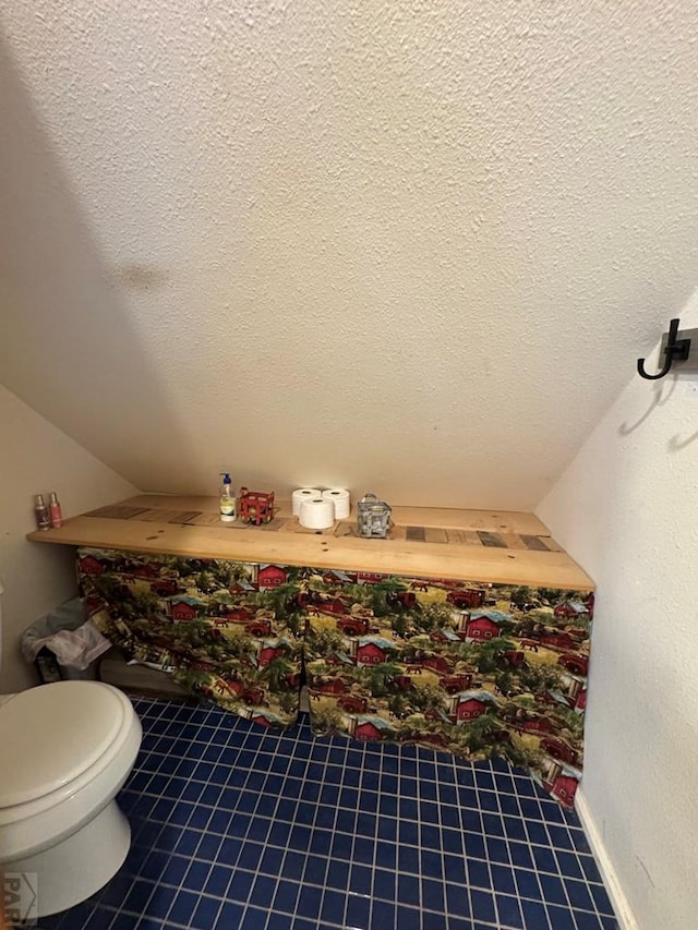 bathroom with toilet, a textured ceiling, and lofted ceiling