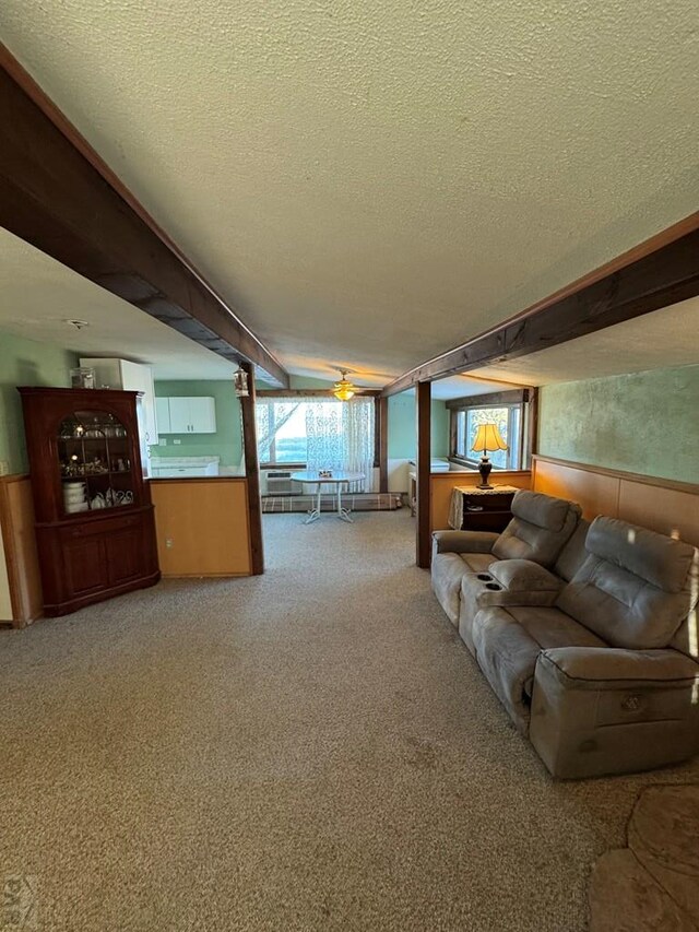 17345 US Highway 50, Las Animas, CO 81054 - living room with a textured ceiling, light carpet, a ceiling fan, and a wainscoted wall