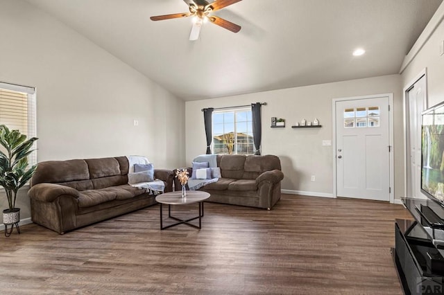 living area featuring ceiling fan, high vaulted ceiling, recessed lighting, baseboards, and dark wood finished floors