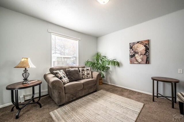 living area featuring dark colored carpet, a baseboard radiator, and baseboards