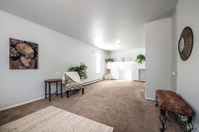 sitting room featuring baseboard heating, carpet flooring, and baseboards