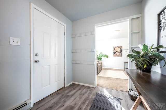 doorway featuring a baseboard radiator, baseboards, and wood finished floors