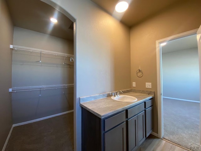 bathroom featuring baseboards, vanity, and a spacious closet