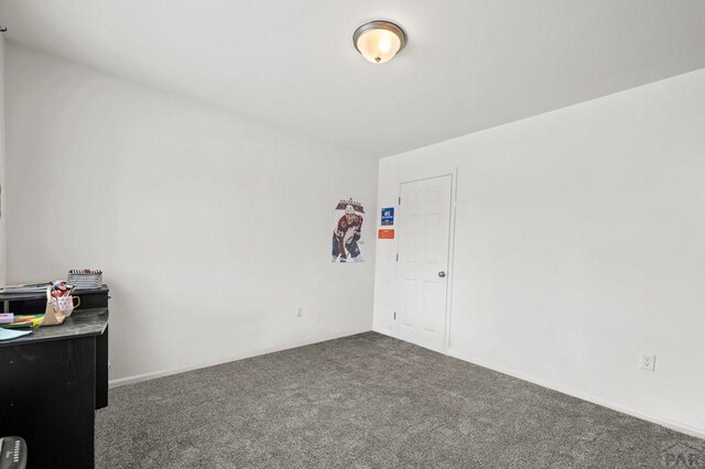 interior space with dark colored carpet