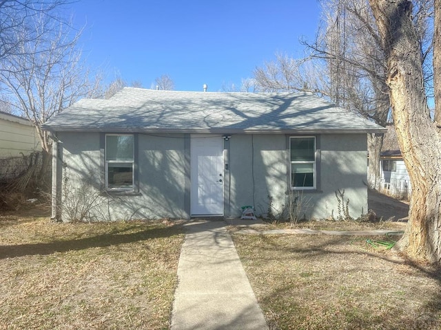 view of front of property with roof with shingles and stucco siding