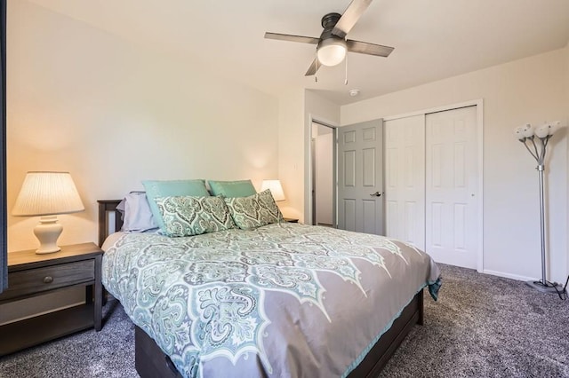 3603 Bobcat Ln, Pueblo, CO 81005 - bedroom with carpet floors, a closet, ceiling fan, and baseboards