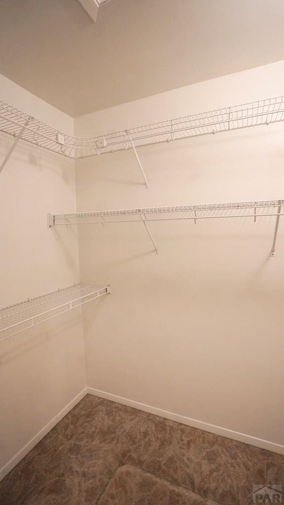 spacious closet featuring dark colored carpet