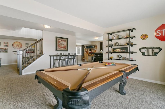 game room with pool table, carpet floors, and baseboards