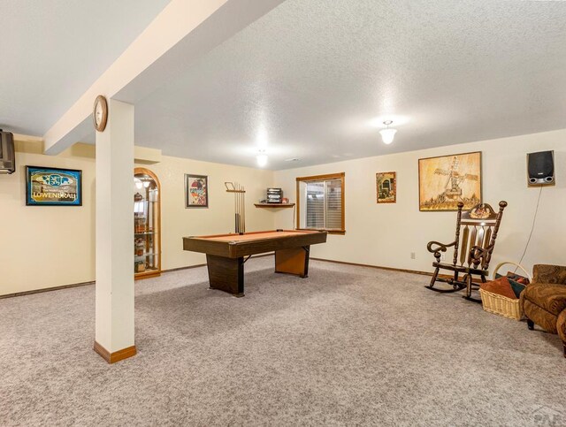 rec room featuring carpet floors, billiards, baseboards, and a textured ceiling