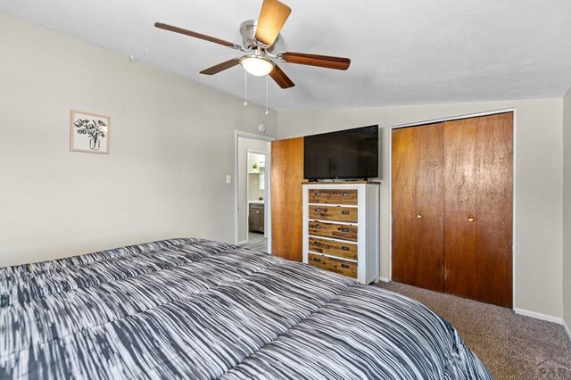 bedroom featuring carpet, a ceiling fan, and a closet