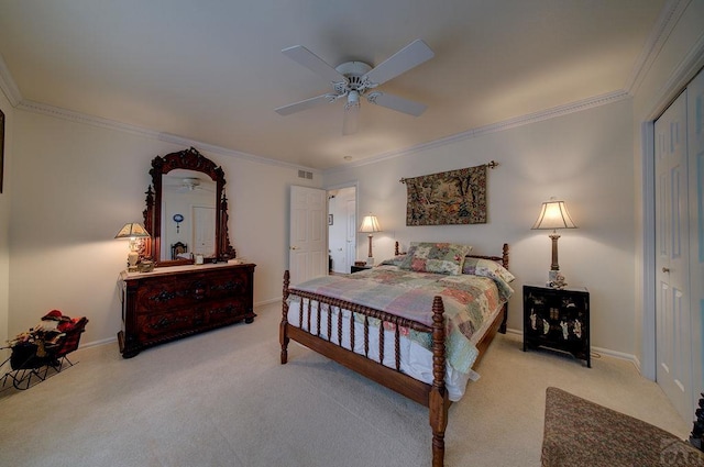 bedroom featuring visible vents, baseboards, crown molding, and light colored carpet