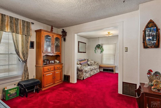 living area featuring a textured ceiling, visible vents, and carpet flooring