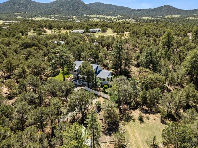 bird's eye view featuring a mountain view and a view of trees