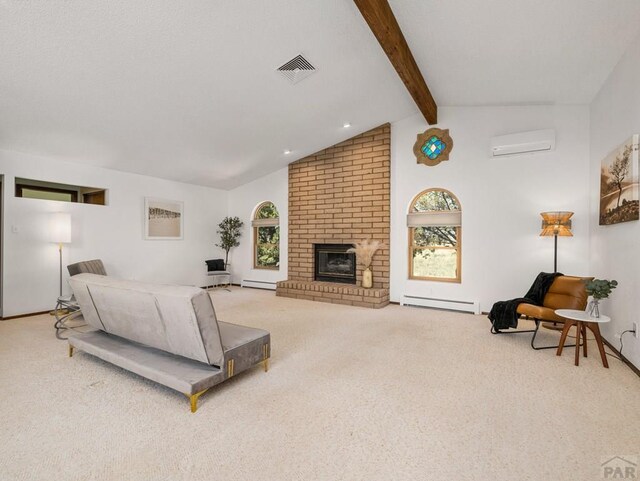 carpeted living room featuring lofted ceiling with beams, plenty of natural light, visible vents, and a wall mounted AC