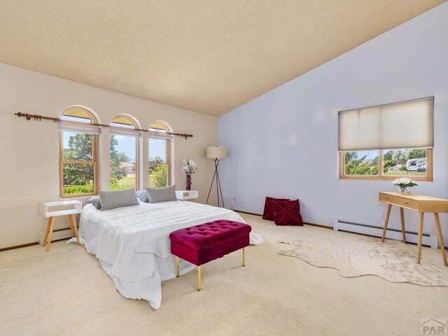 carpeted bedroom featuring a baseboard radiator, baseboards, lofted ceiling, and a textured ceiling