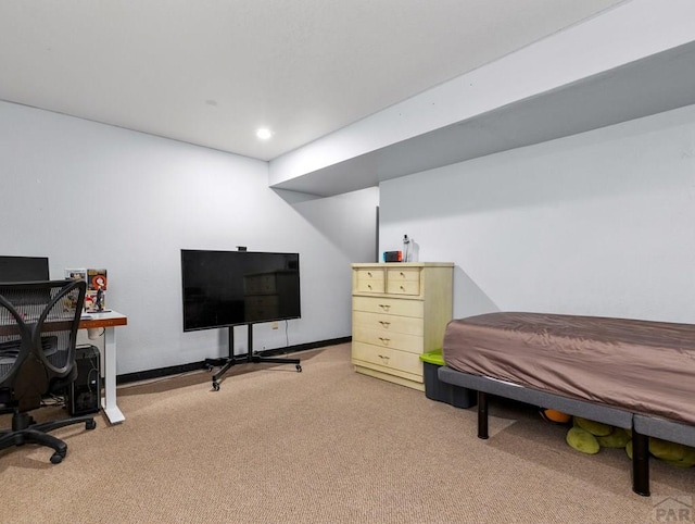 carpeted bedroom featuring baseboards and recessed lighting