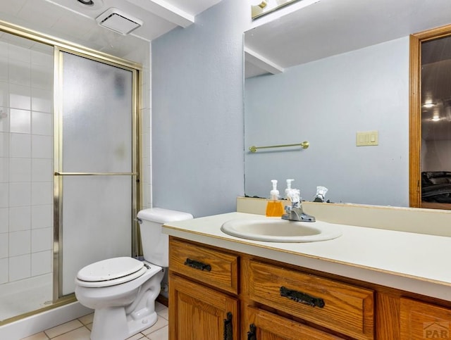 bathroom featuring visible vents, toilet, tile patterned flooring, vanity, and a shower stall