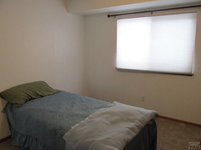 carpeted bedroom featuring multiple windows and baseboards