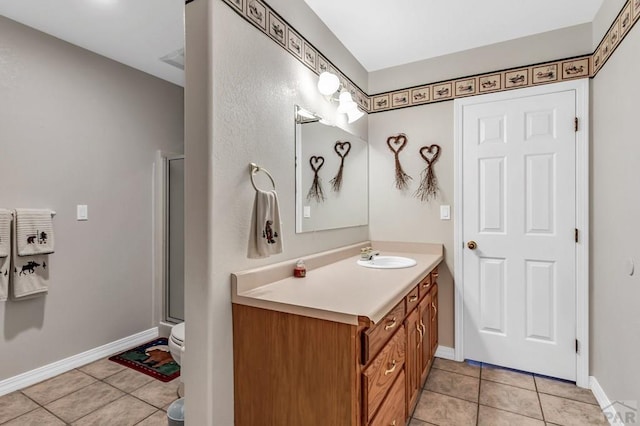 full bath with a shower stall, tile patterned flooring, toilet, and vanity