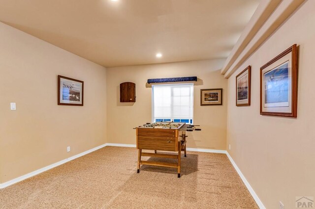 rec room with carpet, baseboards, and recessed lighting