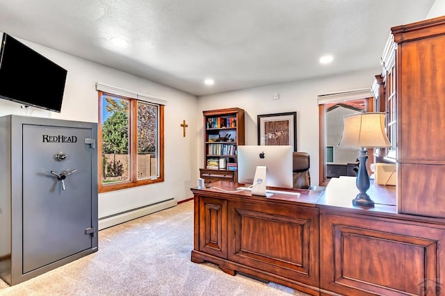 office area with recessed lighting, light carpet, and baseboard heating