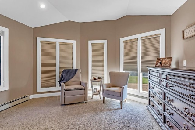 living area with lofted ceiling, recessed lighting, carpet flooring, baseboards, and baseboard heating