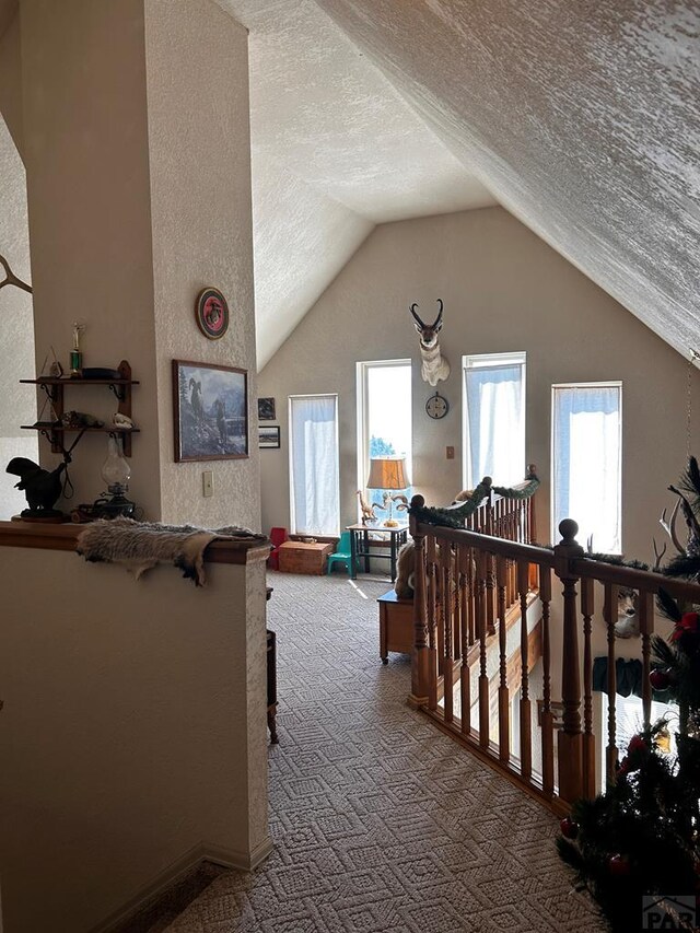 bonus room featuring vaulted ceiling, a textured ceiling, and carpet flooring