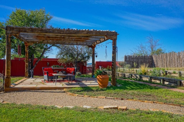 view of jungle gym featuring a patio, fence, and a pergola