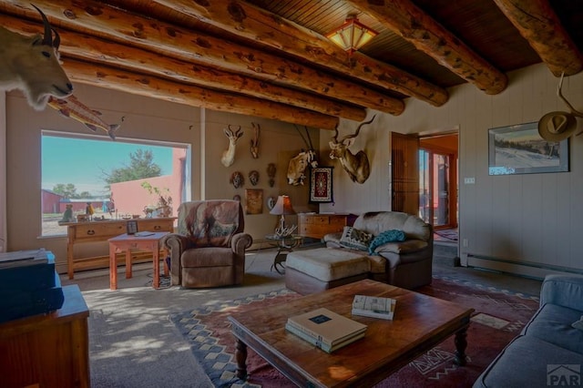 living room with a baseboard radiator, wood ceiling, beamed ceiling, baseboard heating, and carpet flooring