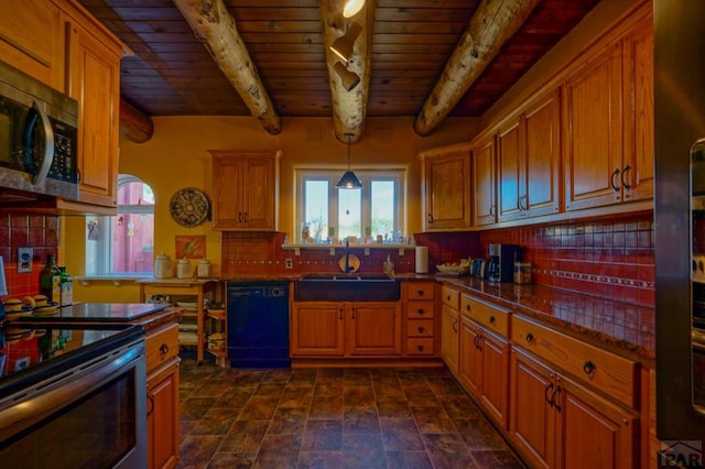 kitchen featuring wood ceiling, beam ceiling, appliances with stainless steel finishes, and backsplash