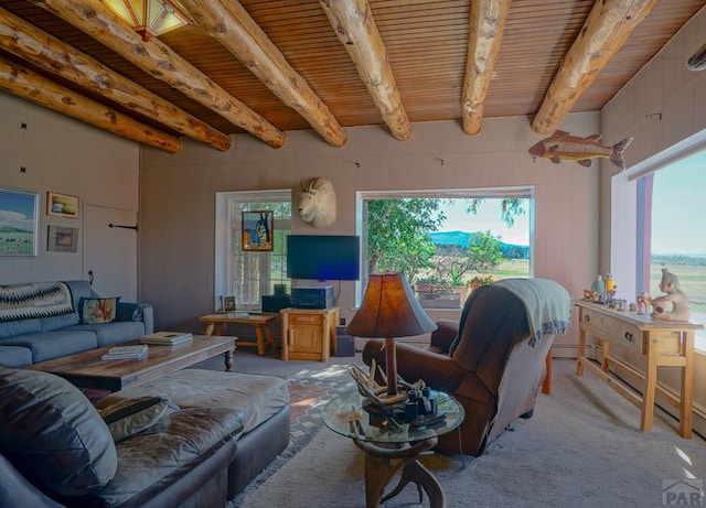 living area featuring wooden ceiling, light colored carpet, and beamed ceiling