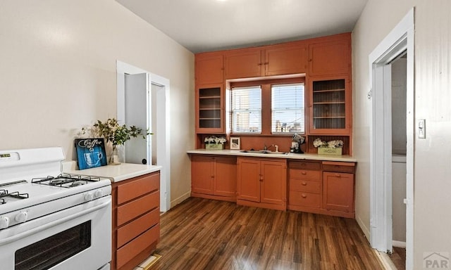 kitchen featuring glass insert cabinets, light countertops, dark wood-type flooring, and white gas stove