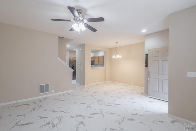 7639 Sandy Springs Pt, Fountain, CO 80817 - unfurnished room featuring a chandelier, light marble finish floors, ceiling fan, recessed lighting, and baseboards