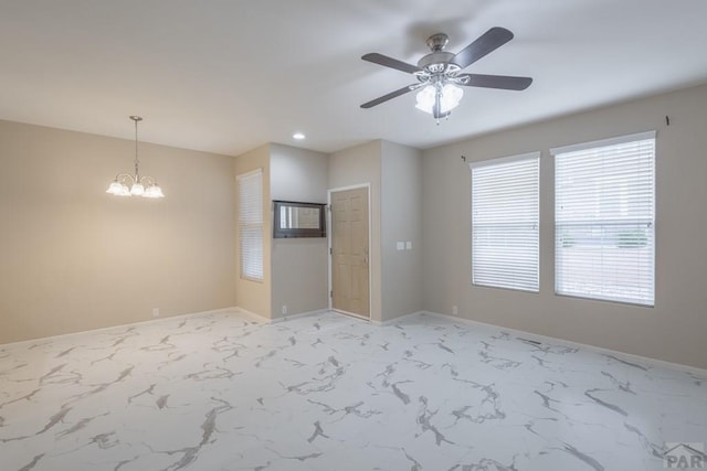 7639 Sandy Springs Pt, Fountain, CO 80817 - spare room with a ceiling fan, baseboards, a chandelier, light marble finish floors, and recessed lighting