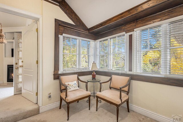 sitting room with lofted ceiling, carpet floors, a large fireplace, and a healthy amount of sunlight