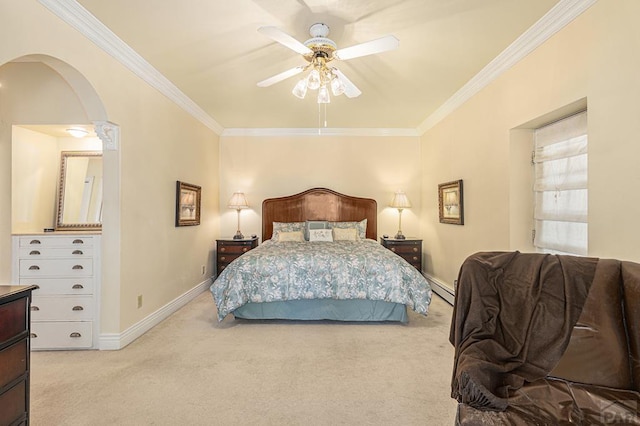 bedroom with arched walkways, ornamental molding, and light colored carpet