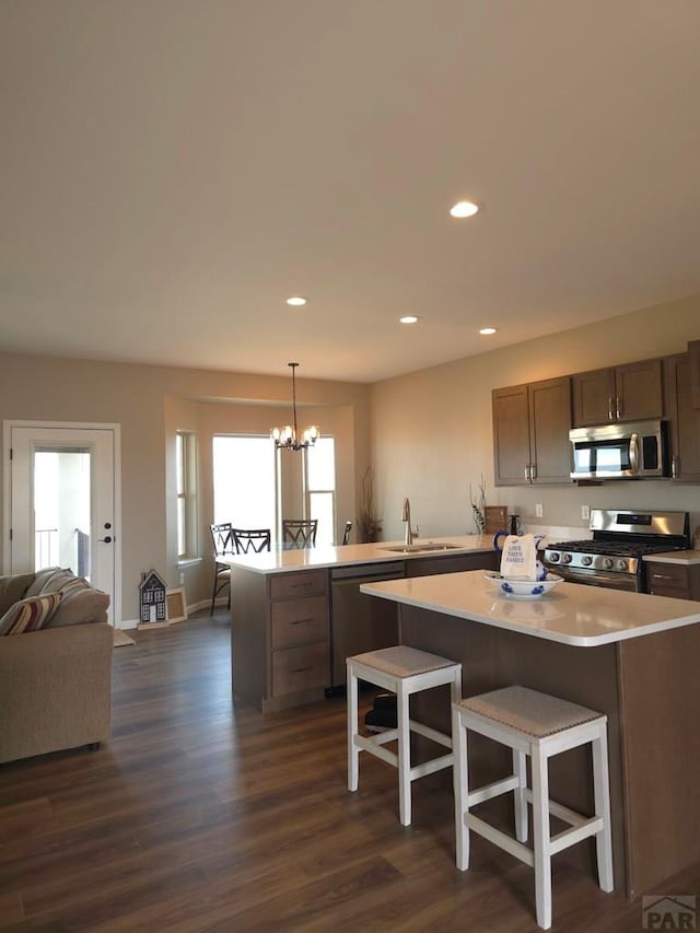 980 N Purcell Blvd, Pueblo West, CO 81007 - kitchen featuring a sink, light countertops, stainless steel appliances, open floor plan, and dark wood-style floors