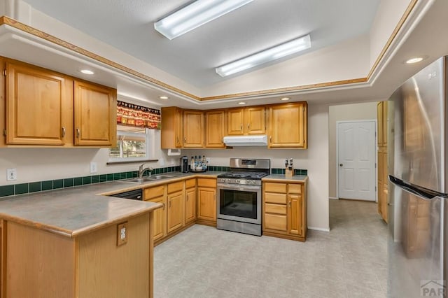 kitchen featuring a peninsula, vaulted ceiling, stainless steel appliances, under cabinet range hood, and a sink