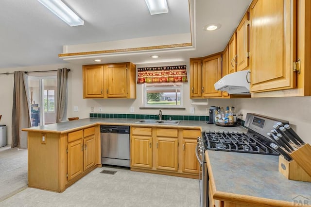 kitchen featuring light countertops, appliances with stainless steel finishes, a sink, and range hood