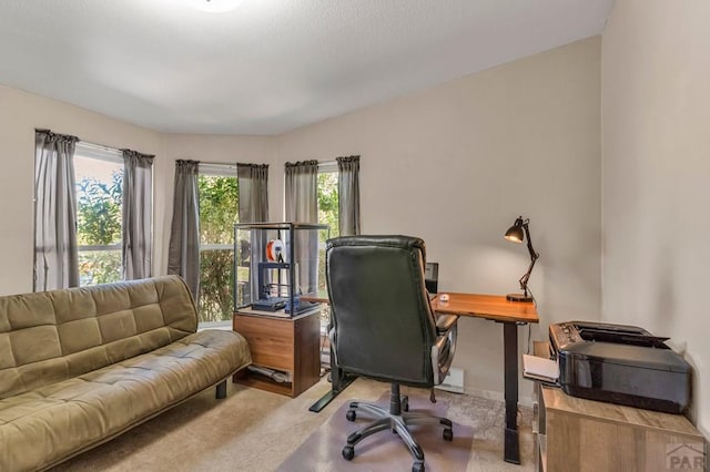 office featuring light carpet and baseboards