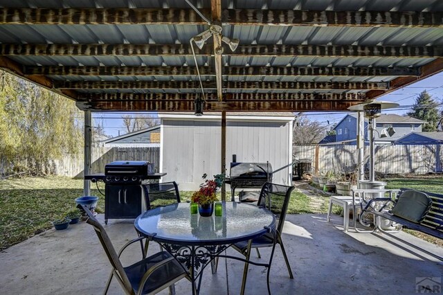 view of patio / terrace featuring grilling area, outdoor dining area, and a fenced backyard