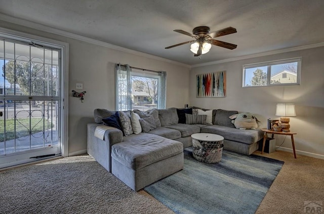 carpeted living room featuring baseboards, a ceiling fan, and crown molding